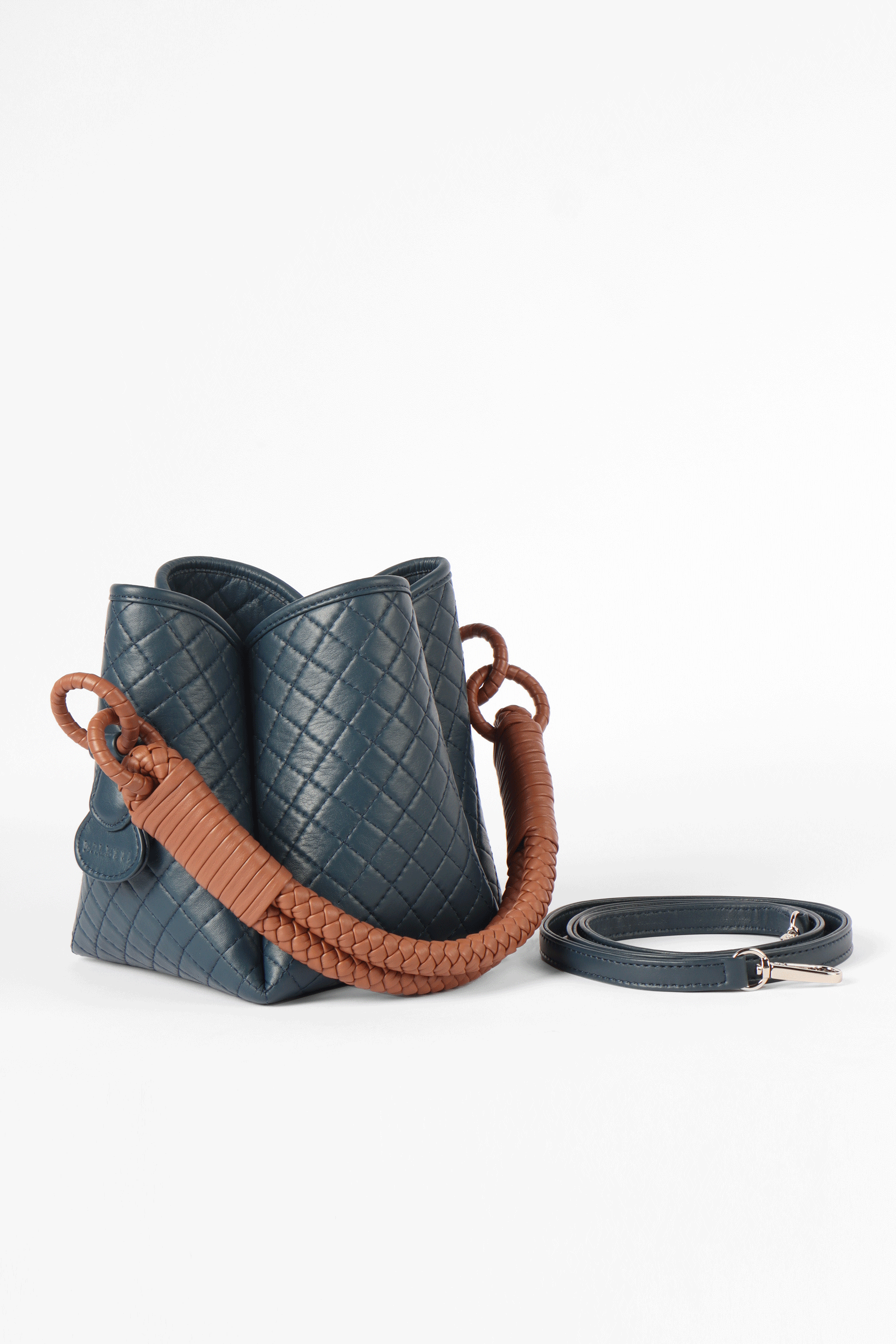 Tulip Mini Bucket Bag, Navy Blue & Brandy